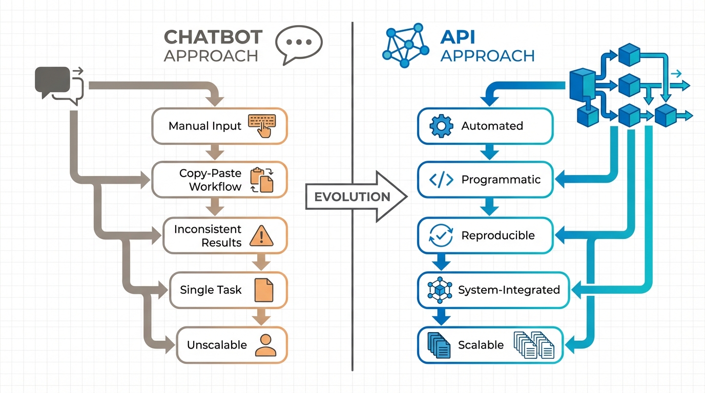 Chatbot vs. API: Two Paradigms for AI Integration. Chatbot Approach: Manual Input → Copy-Paste Workflow → Inconsistent Results → Single Task → Unscalable. API Approach: Automated → Programmatic → Reproducible → System-Integrated → Scalable.
