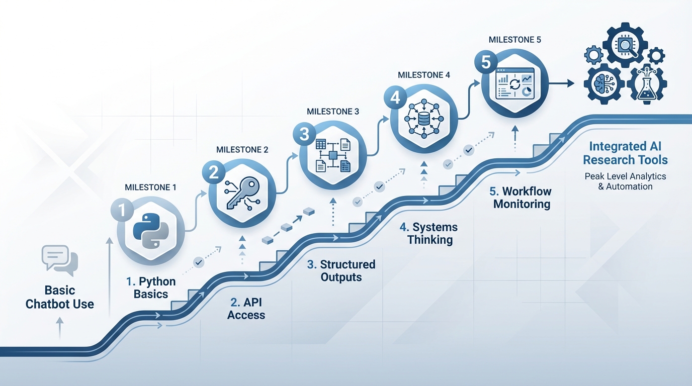 The Evolution from Chatbot to Research Tool: Five Critical Skills — a milestone roadmap showing progression from Basic Chatbot Use through Milestone 1 (Python Basics), Milestone 2 (API Access), Milestone 3 (Structured Outputs), Milestone 4 (Systems Thinking), Milestone 5 (Workflow Monitoring) to Integrated AI Research Tools.